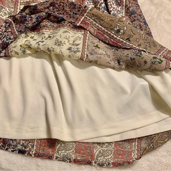 Doe & Rae Mini Dress Large Burgundy Floral Lace Patchwork Skirt Ivory Boho Flowy - Picture 13 of 16